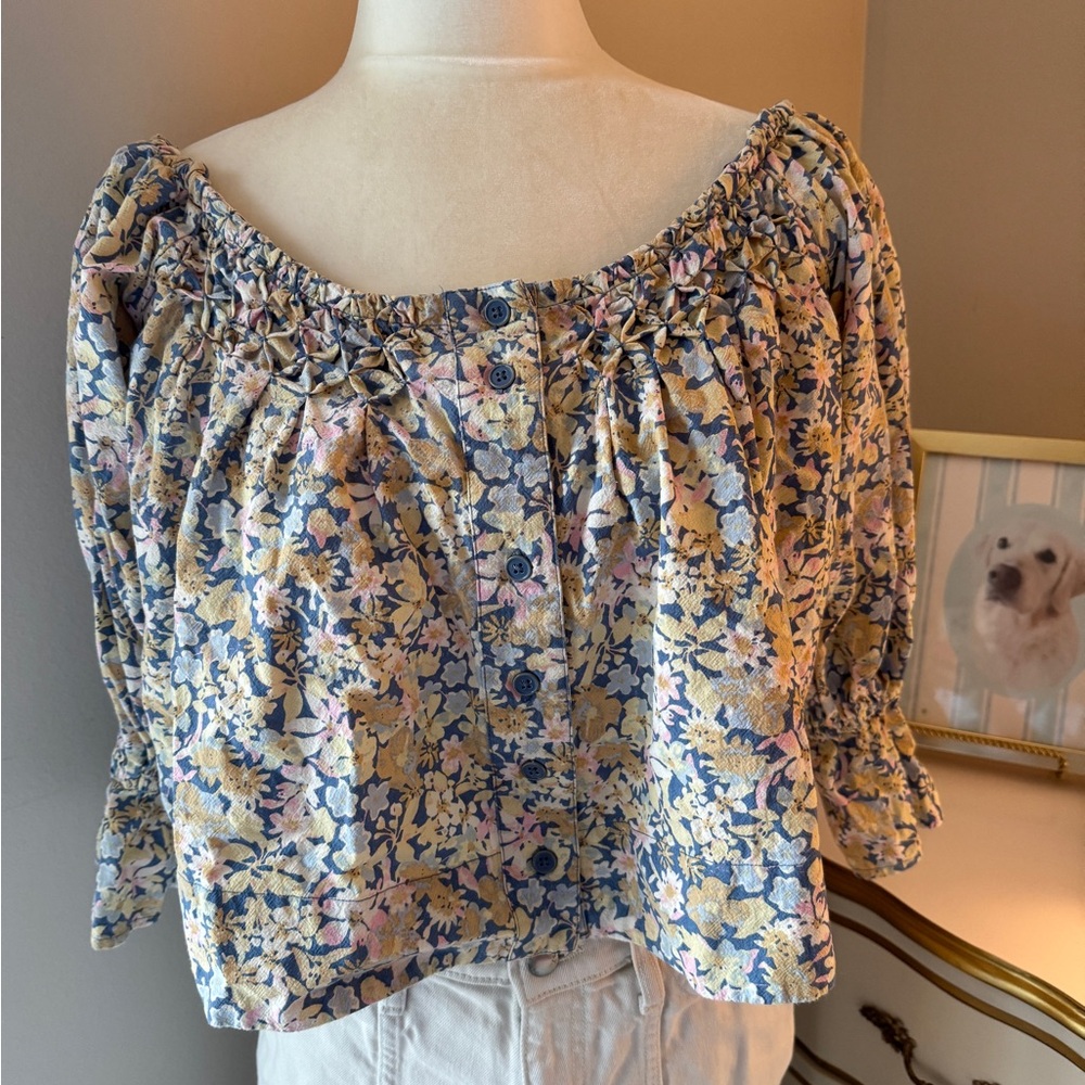 Free People Floral Blouse - Blue and Pink